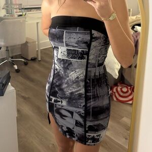 Strapless Black & Gray Photo-Print Bodycon Dress